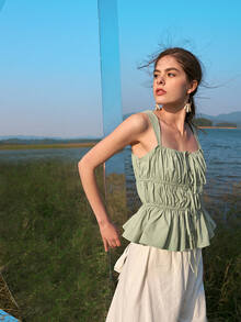 SHEIN Top de tirantes con volantes y cordones con detalle de fruncido - verde menta - Ver 5