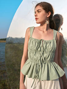 SHEIN Top de tirantes con volantes y cordones con detalle de fruncido - verde menta - Ver 9
