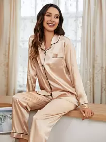 LuxeNights Contrast Piping Satin Pajama Set, Fall Winter Clothes Cozy And Elegant Details - Champagne - View 3
