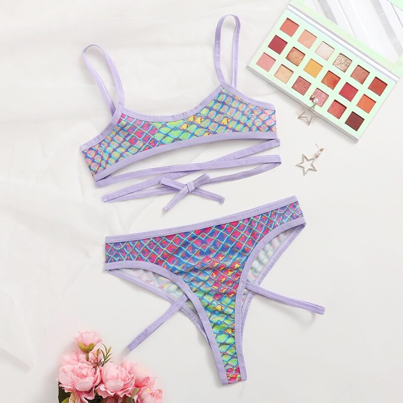 

Fish Scales Print Criss Cross Lingerie Set, Multicolor