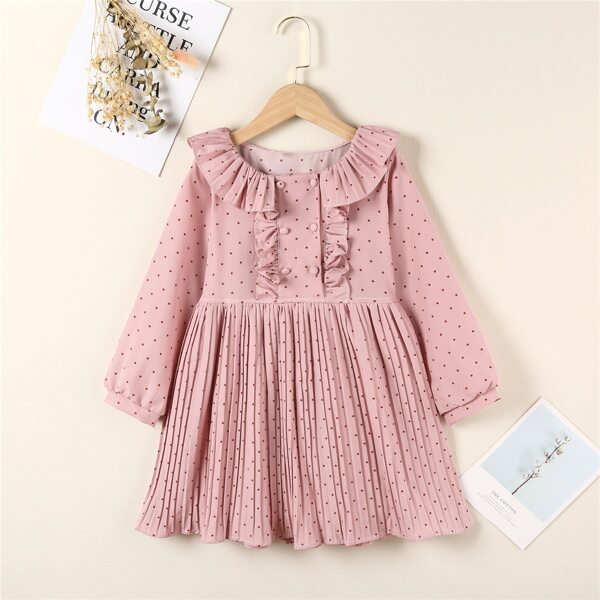 

Girls Polka Dot Pleated Hem Dress, Dusty pink