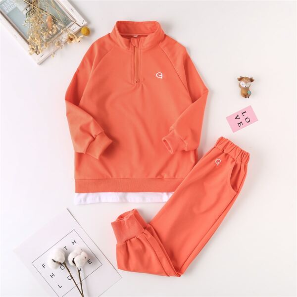 

Girls Letter Embroidery Sweatshirt & Sweatpants, Orange