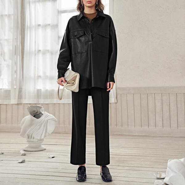 

PU OVERSIZE CHEST POCKET TOP, Black