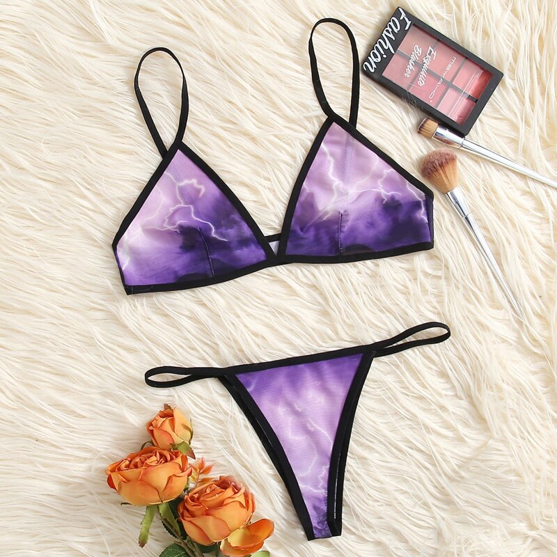 

Mesh Lightening Graphic Lingerie Set, Purple
