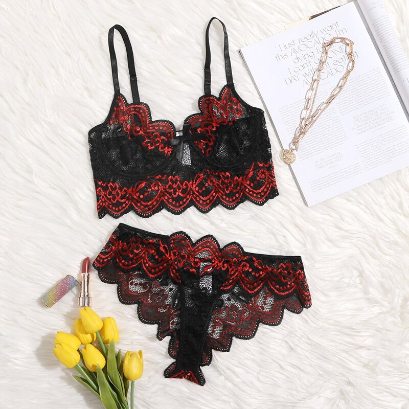 

Lace Floral Lingerie Set, Black