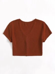 SHEIN EZwear v領紐扣開襟短版T恤 - 鏽棕色 - 查看 2