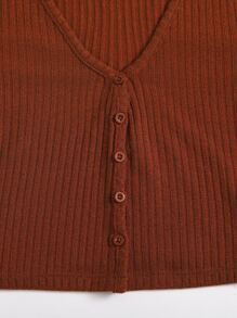 SHEIN EZwear v領紐扣開襟短版T恤 - 鏽棕色 - 查看 3