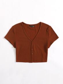 SHEIN EZwear v領紐扣開襟短版T恤 - 鏽棕色 - 查看 4