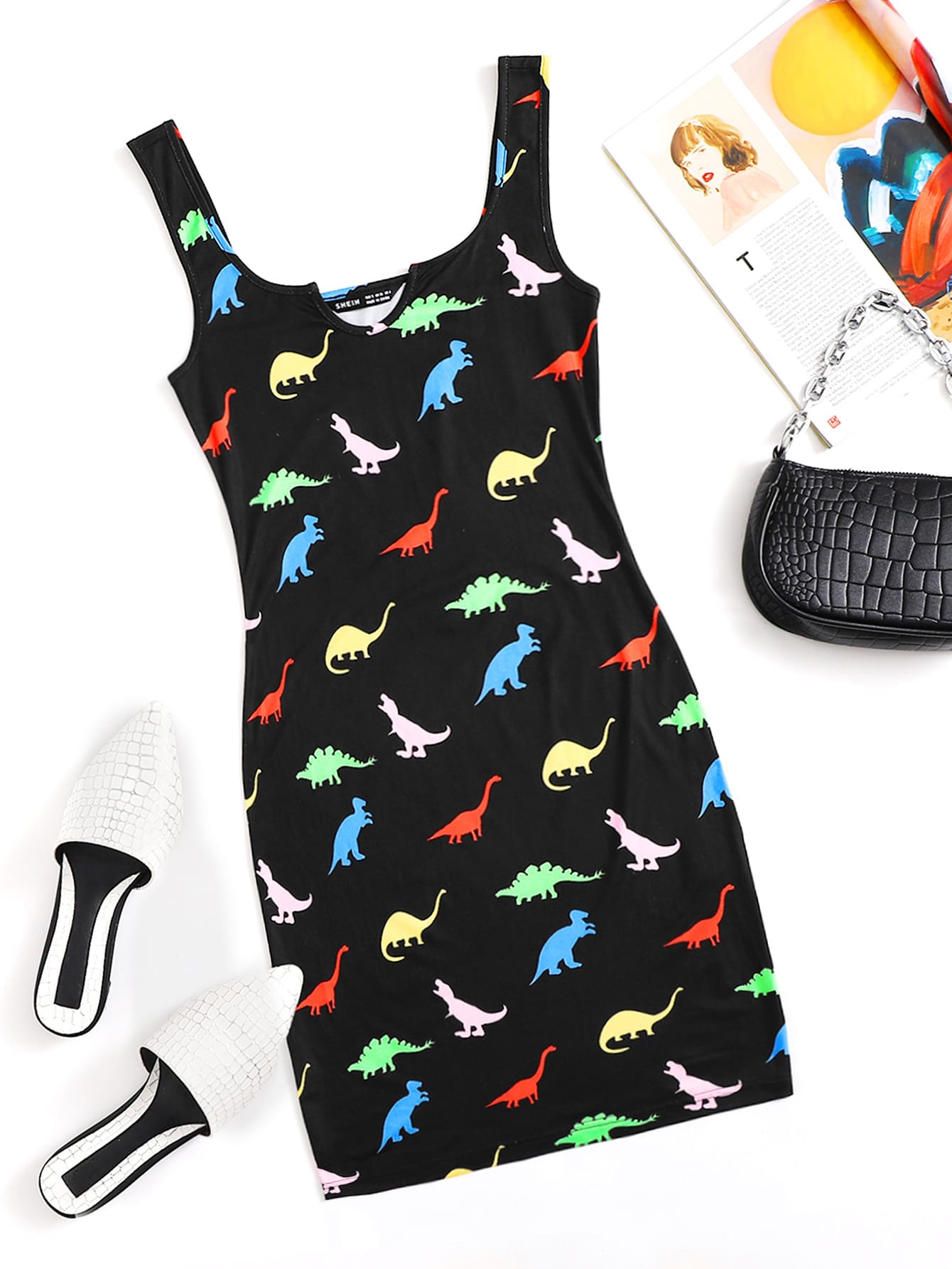 Dinosaur Print Notch Neck Dress thumbnail