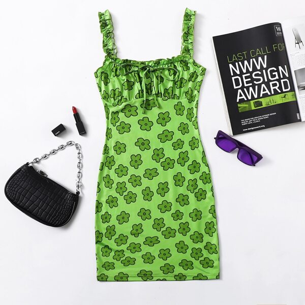 

Allover Floral Print Ruched Bust Frill Trim Dress, Lime green