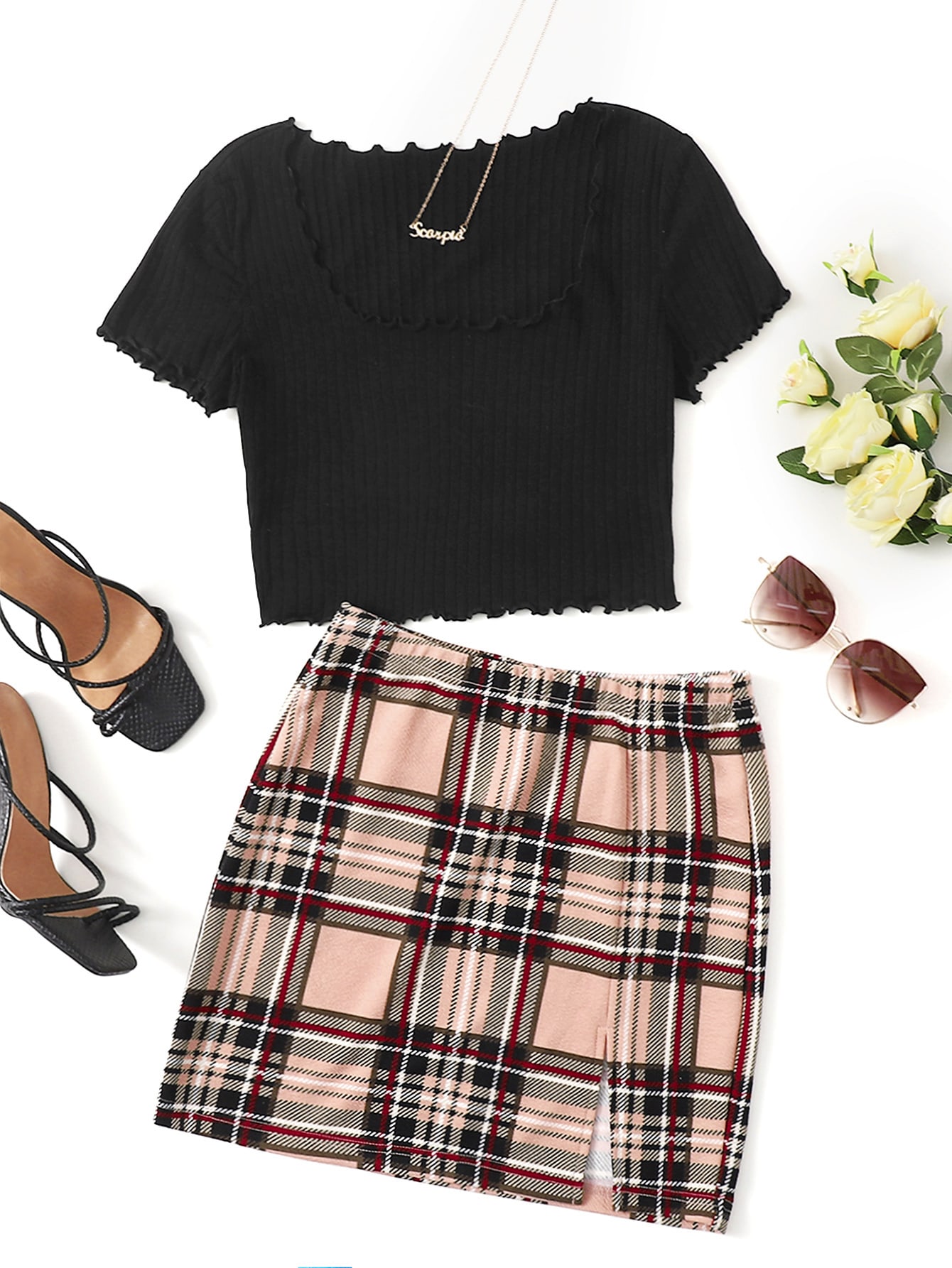 Scoop Neck Lettuce Trim Crop Tee & Split Hem Plaid Skirt Set thumbnail