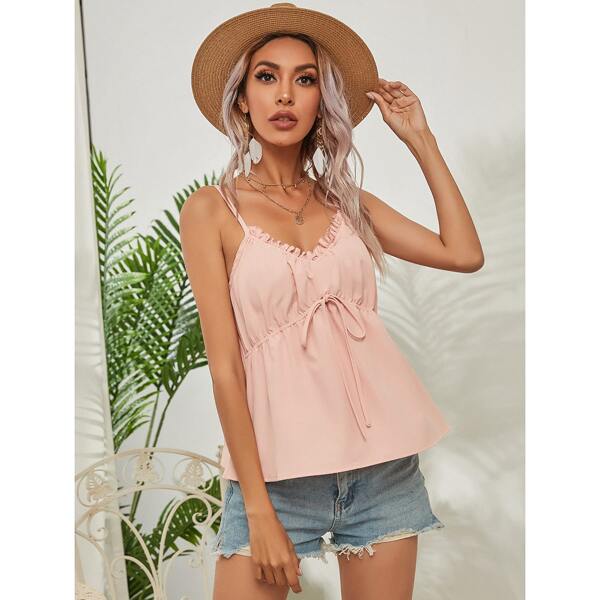 

Tie Front Frill Trim Cami Top, Baby pink