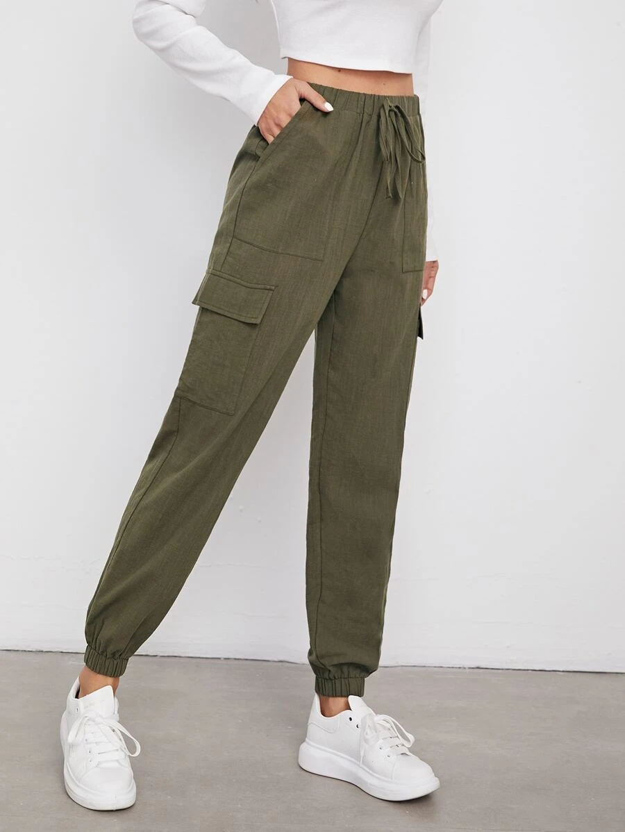 SHEIN 翻蓋口袋素色工裝褲子 - 軍綠色 - 查看 1