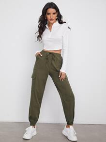 SHEIN 翻蓋口袋素色工裝褲子 - 軍綠色 - 查看 3