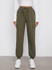 SHEIN 翻蓋口袋素色工裝褲子 - 軍綠色 - 查看 4