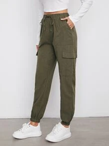 SHEIN 翻蓋口袋素色工裝褲子 - 軍綠色 - 查看 5