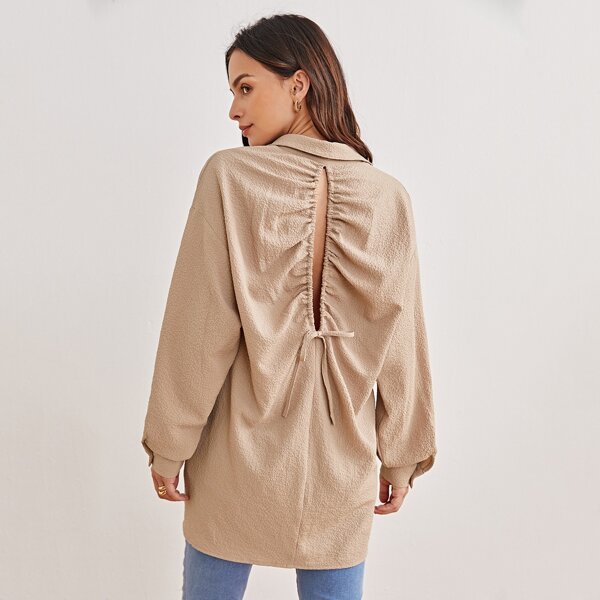 

Drop Shoulder Cut Out Knotted Back Blouse, Apricot