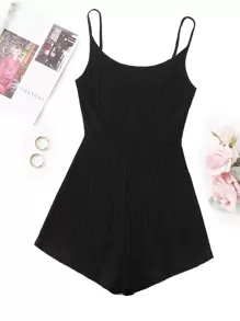SHEIN EZwear 羅紋針織吊帶連身短褲 - 黑色 - 查看 1