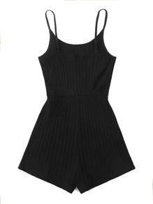 SHEIN EZwear 羅紋針織吊帶連身短褲 - 黑色 - 查看 2