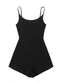 SHEIN EZwear 羅紋針織吊帶連身短褲 - 黑色 - 查看 4
