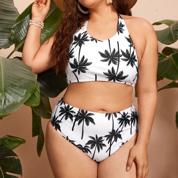 

Plus Palm Tree Print Halter Bikini Swimsuit, Black and white