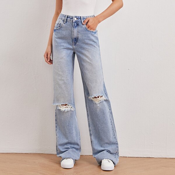 

High Waist Ripped Wide Leg Jeans, Light wash