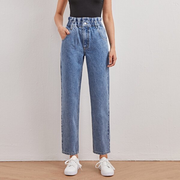 

Paperbag Waist Slant Pocket Straight Jeans, Light wash