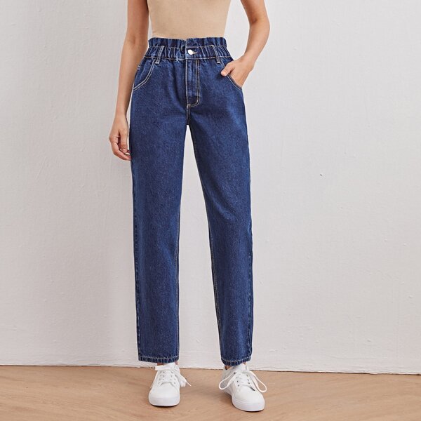 

Paperbag Waist Slant Pocket Straight Jeans, Dark wash