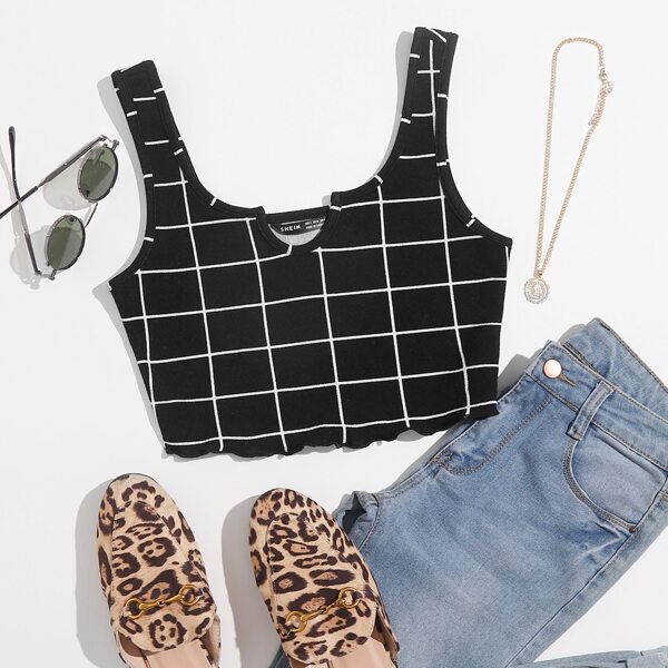 

Notch Neck Lettuce Edge Grid Tank Top, Black