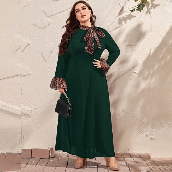 

Plus Leopard Tie Neck Flounce Sleeve A-line Dress, Dark green