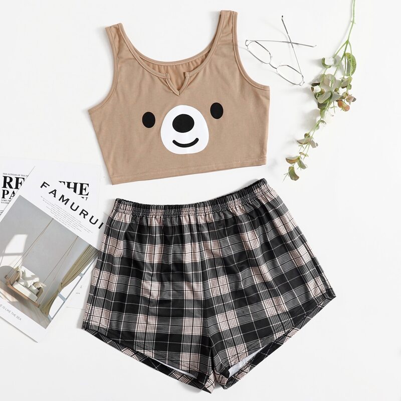 

Cartoon Plaid Shorts PJ Set, Multicolor