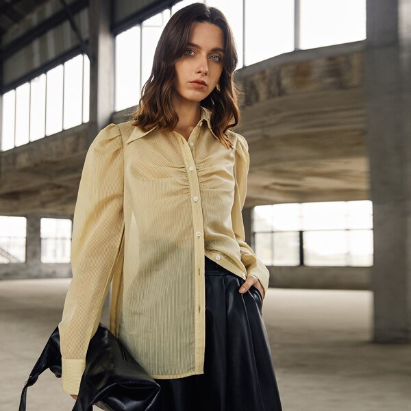 

Puff Sleeve Ruched Detail Striped Blouse, Yellow