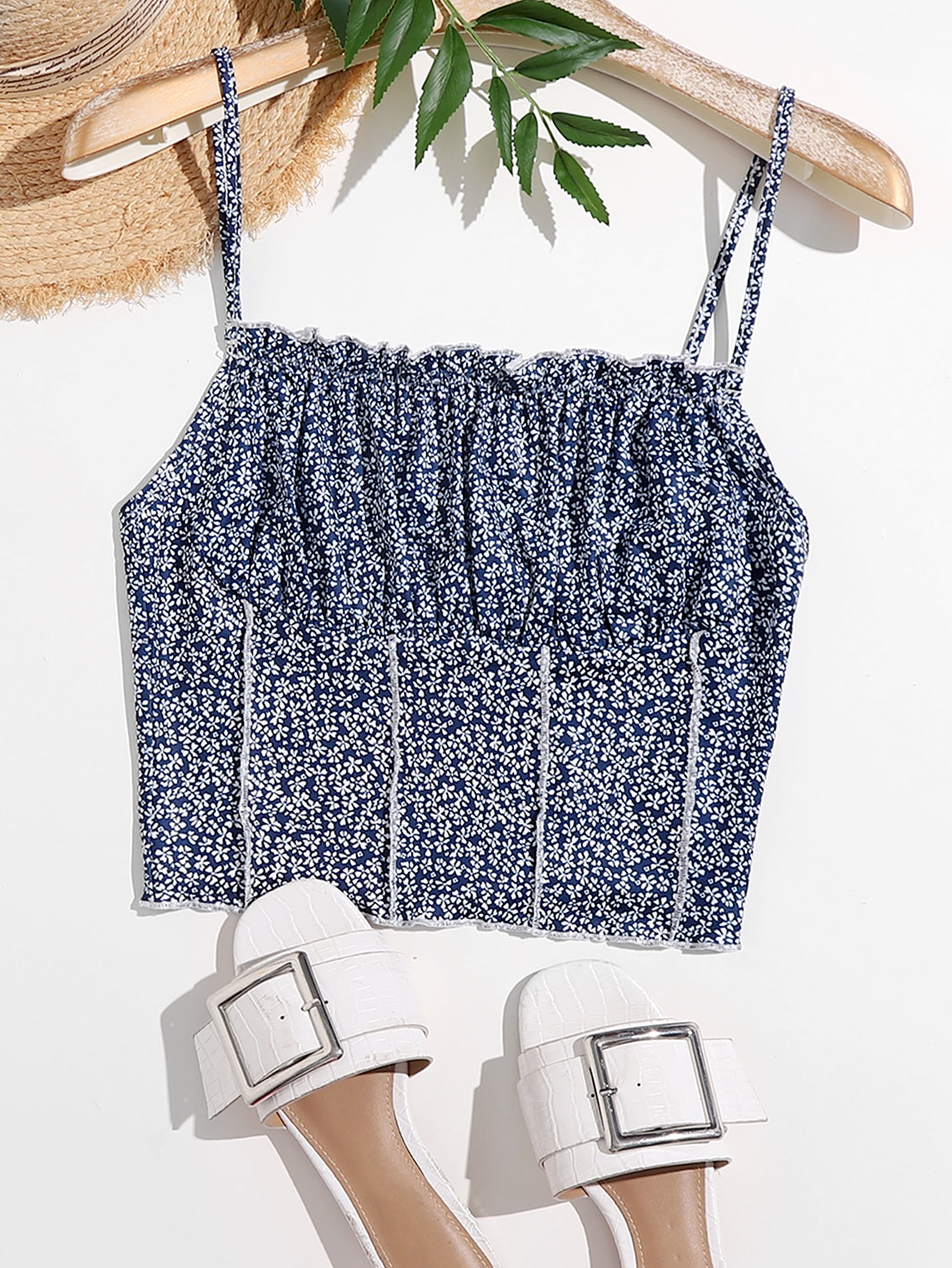 Ruched Bust Stitch Trim Ditsy Floral Cami Top thumbnail