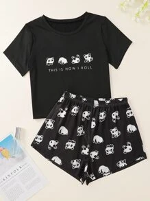 Cartoon Panda And Slogan Graphic Pajama Set - Black - View 1