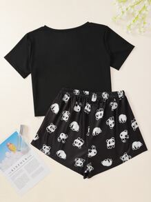 Cartoon Panda And Slogan Graphic Pajama Set - Black - View 2