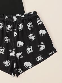 Cartoon Panda And Slogan Graphic Pajama Set - Black - View 3