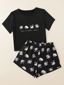 Cartoon Panda And Slogan Graphic Pajama Set - Black - View 4