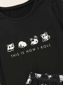 Cartoon Panda And Slogan Graphic Pajama Set - Black - View 5