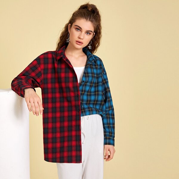 

Single Breasted Colorblock Tartan Blouse, Multicolor