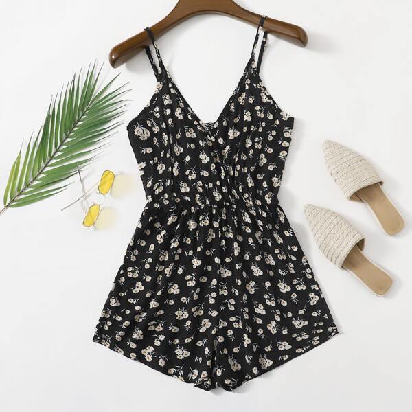 

Ditsy Floral Cami Romper, Black