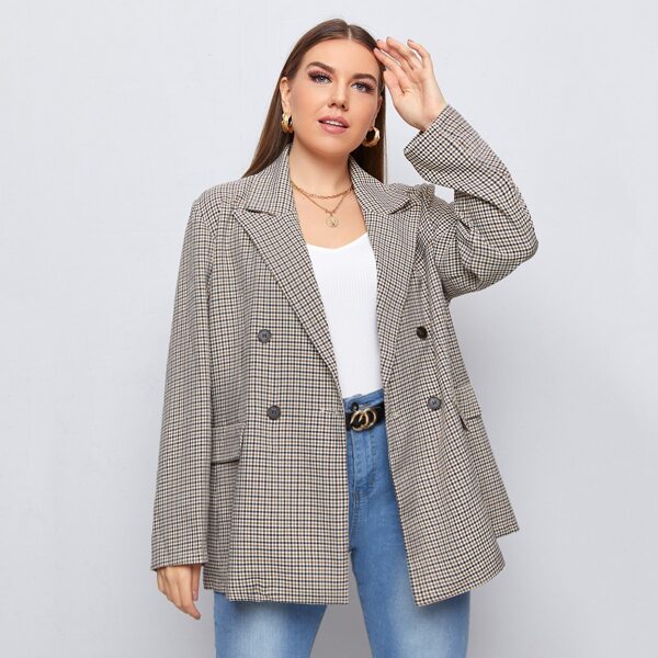 

Plus Plaid Flap Detail Double Breasted Blazer, Multicolor