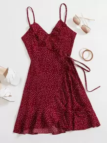 Soleia 波卡圓點側結飾荷葉邊圍裹吊帶連衣裙