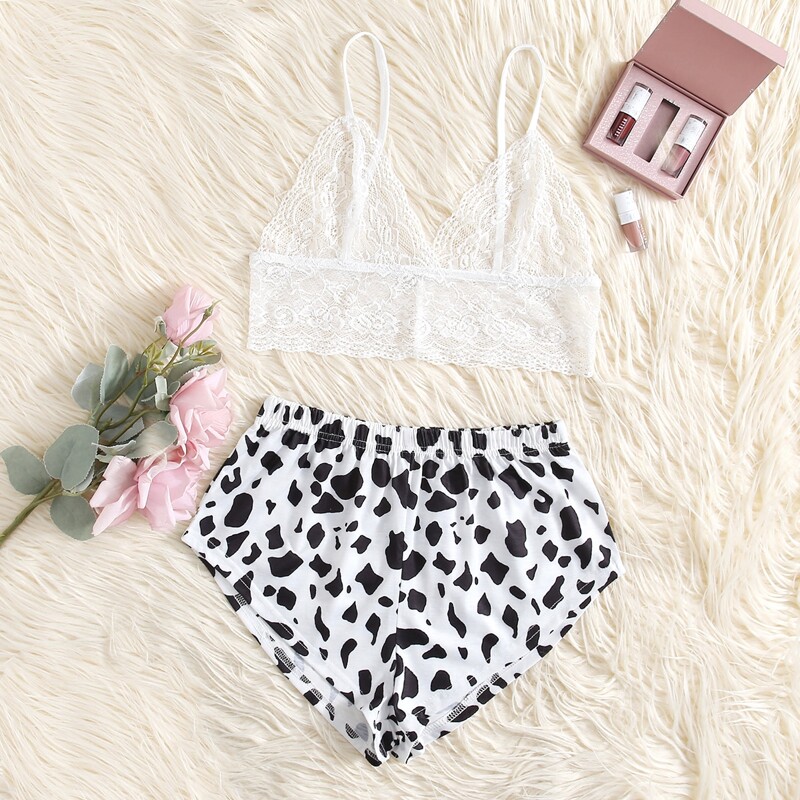 

Lace Cow Print Lingerie Set, White