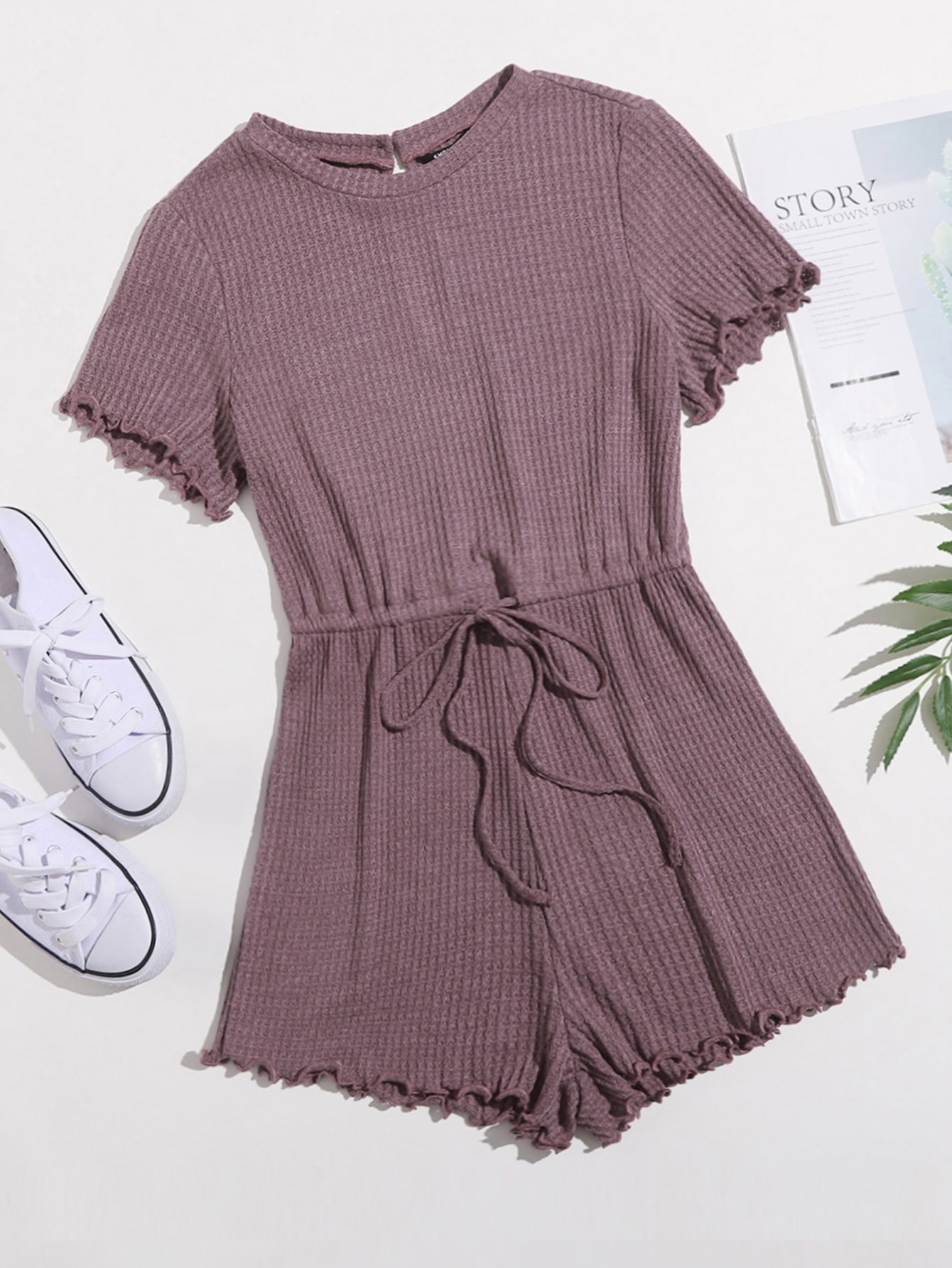 Lettuce Trim Drawstring Waist Waffle Knit Romper thumbnail