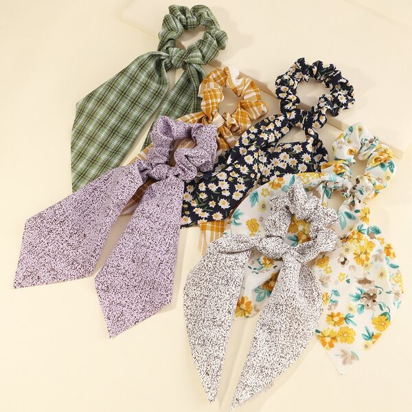 

6pcs Flower Pattern Scrunchie Scarf, Multicolor