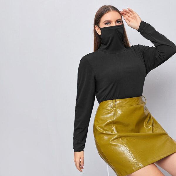 

Plus Solid High Neck Tee With Mask, Black