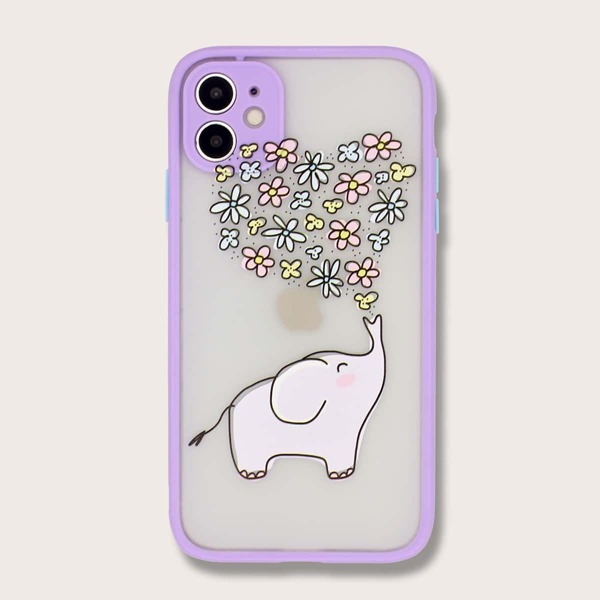 

Elephant & Flower Pattern Contrast Frame iPhone Case, Purple