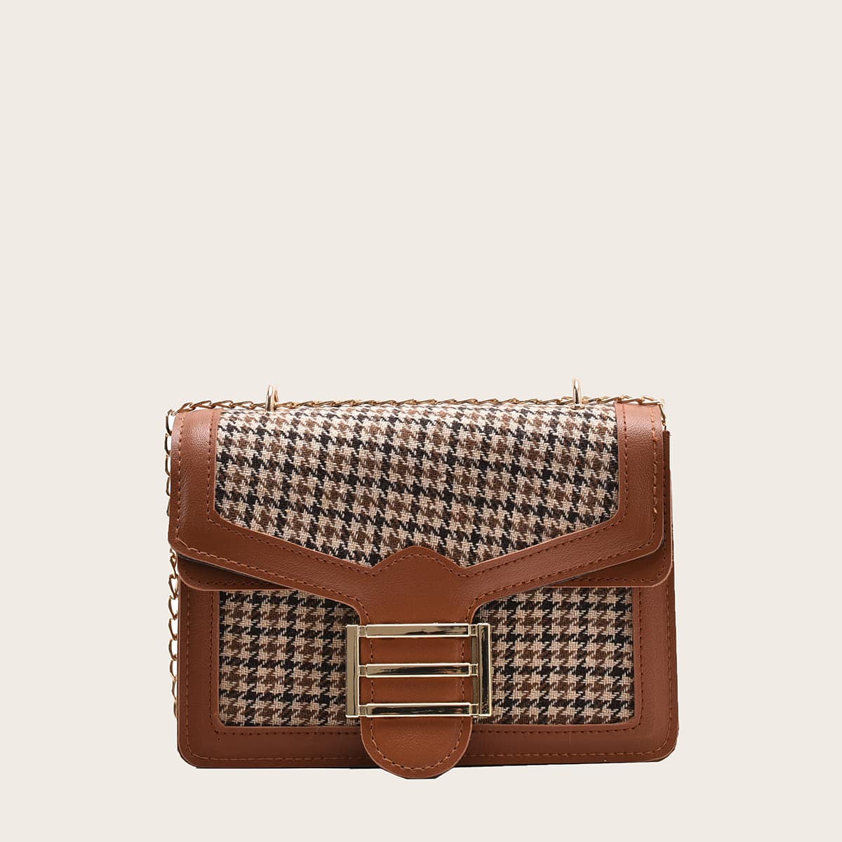 

Houndstooth Chain Crossbody Bag, Brown