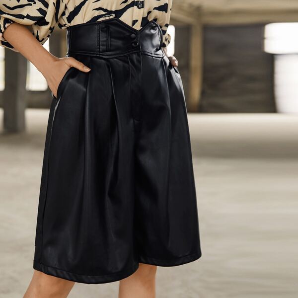 

Notched Waist PU Leather Bermuda Shorts, Black