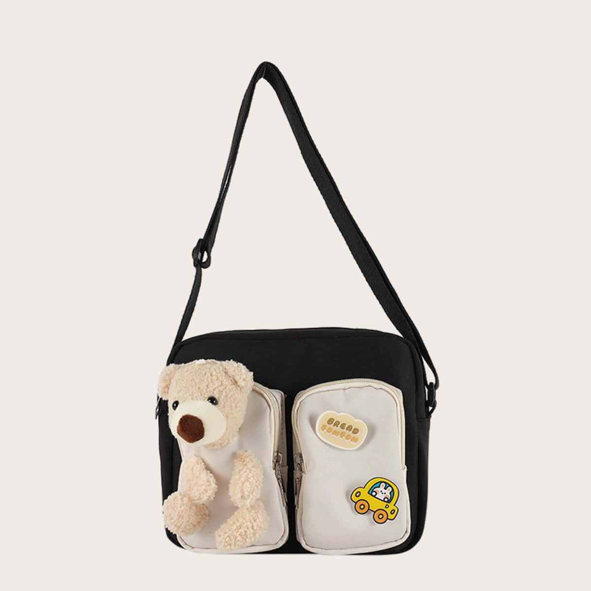 

Bear Insert Pocket Front Crossbody Bag, Black